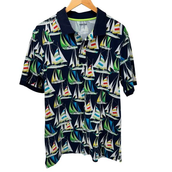 Lands End Polo Shirt Mens Large Blue Sailboat Coastal Nautical Traditional Fit - Picture 1 of 9